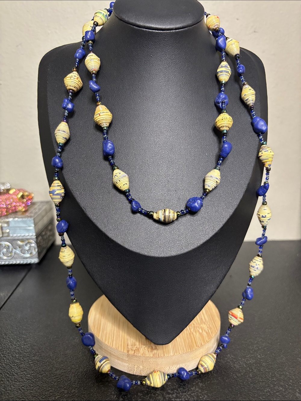 Vintage Handmade Blue Yellow Paper Bead Stone Glass Necklace - Women Jewelry